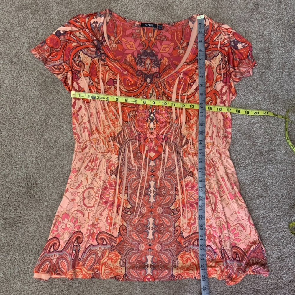 APT 9 Swoop Neck Orange/Red Pattern Boho Shirt, 1X, Dye sublimation, loose, flow - Picture 11 of 13